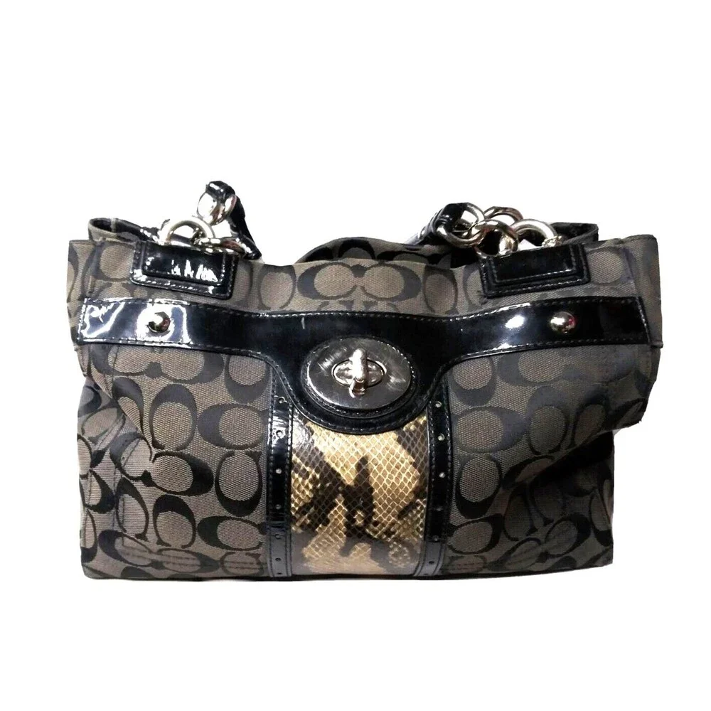 COACH F16580 Black Logo Canvas & Leather Handbag Python Embossed Accent